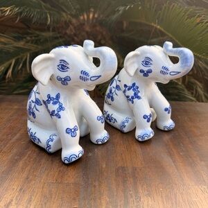 Blue and White Ceramic Elephant Figurines